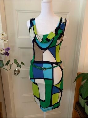 Just Me,Women's sleevless Geometric Cowl Neck Bodycon Dress in Blue, Gre